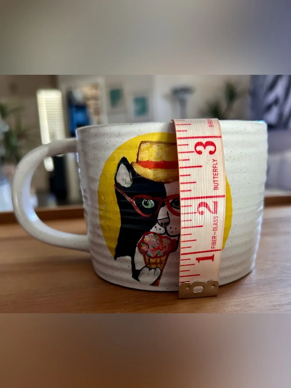 West Elm Speckled Pottery Ribbed Textured Mugs with Whimsical Cat Illustrations